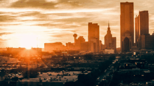 Birds-eye view of Dallas, Texas during sunset
