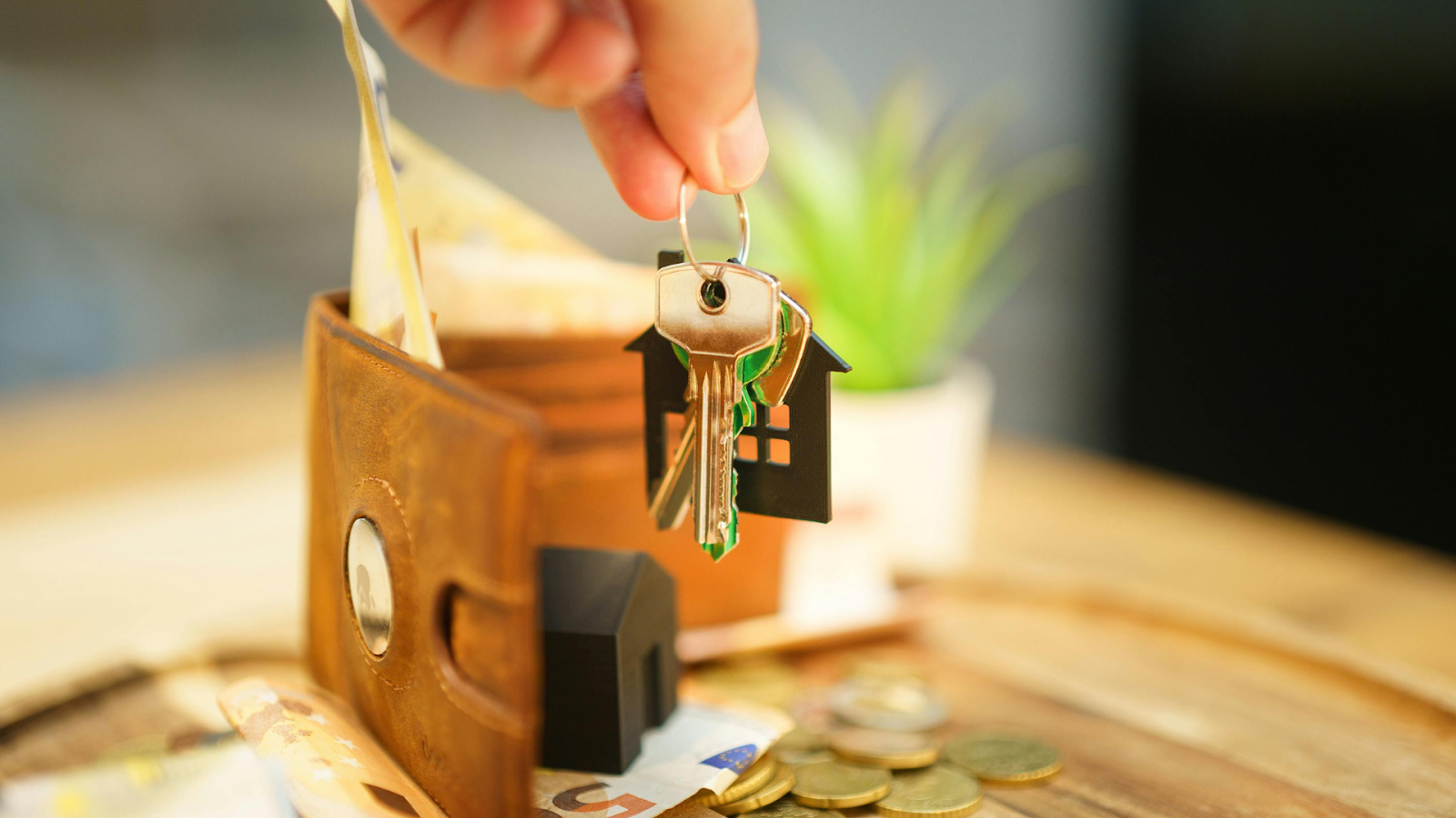 Person dangling keys above a pile of coins, behind a filled leather wallet